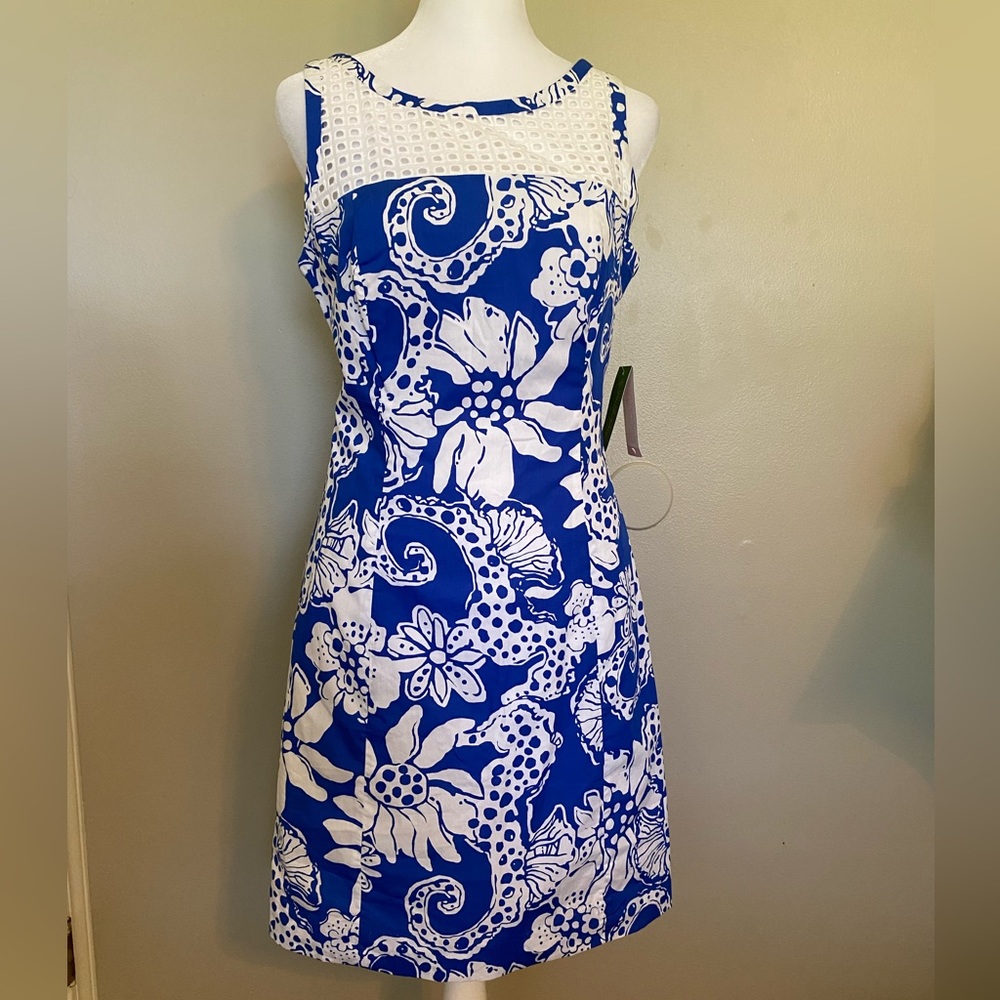 NWT Lilly Pulitzer Marianne Shift Dress Blue Seahorse Print with grid eyelet Sz2